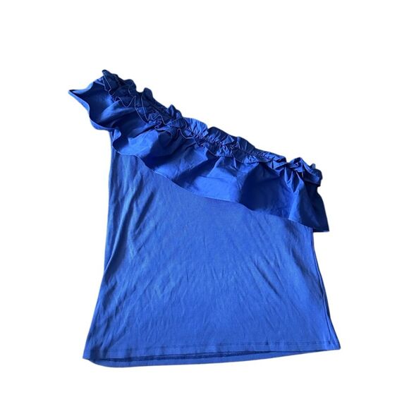 Boston Proper Blue Poplin Ruffle One Shoulder Ribbed Top Size XL - Picture 1 of 4